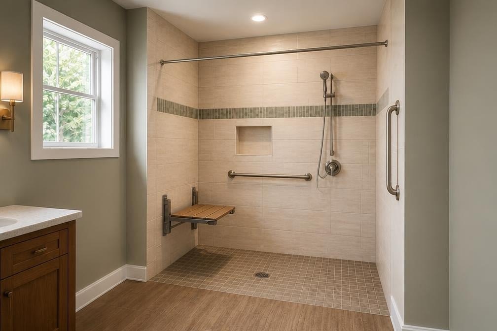 Curbless roll-in shower with a fold-down shower seat, grab bars, and a handheld shower head